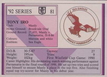 1992 Regina NSW Rugby League #81 Tony Iro Back